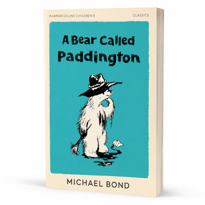 『A Bear Called Paddington』 하퍼콜린스 칠드런스 클래식 판 책 표지. 청록색 바탕에 중절모를 쓴 곰이 앉아 있는 흑백 삽화가 있고 아래에 지은이 마이클 본드의 이름이 적혀 있다